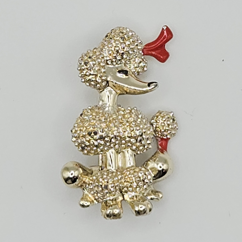 Vintage Poodle Brooch Pin Silver Tone with Red Bow